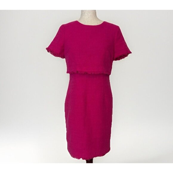 KARL LAGERFELD Paris Tweed Short Sleeve Dress Size Medium Hot Pink Gold Classy - Picture 1 of 16